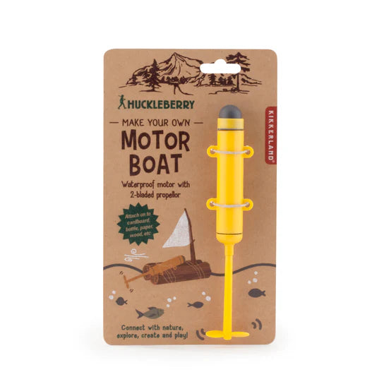 A Huckleberry Make Your Own Motor Boat kit, featuring a waterproof motor and 2-bladed propeller on a cardboard package with keyring illustrations and text.