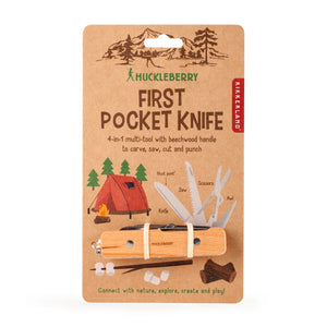 Packaging of a Huckleberry Pocket Knife with multiple tools displayed, including a knife, saw, scissors, punch, and bait, set against a white background.