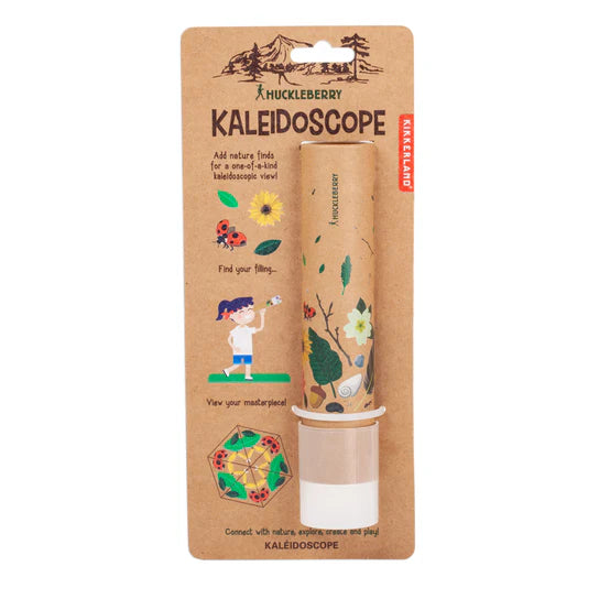 The Huckleberry Kaleidoscope by Kikkerland includes detailed illustrations and child-friendly instructions to help young artisans craft their own personalized kaleidoscope using natural treasures. The package is adorned with a nature-inspired design in the background.