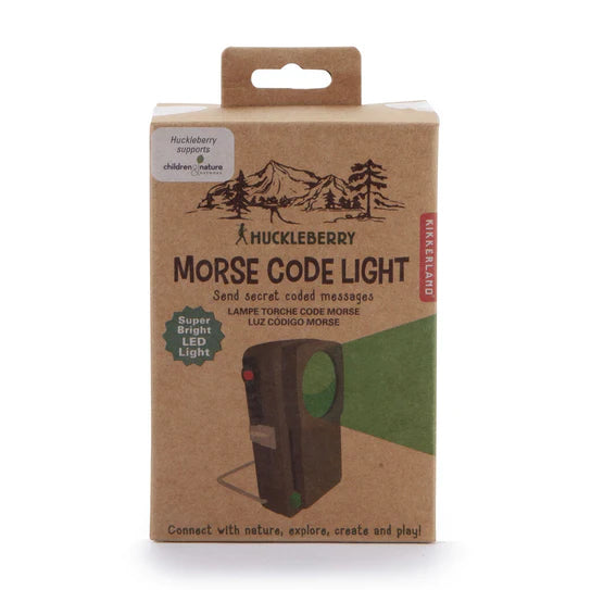 Packaging of a versatile Huckleberry Morse Code Light with illustrations and product description, intended for children's educational use.
