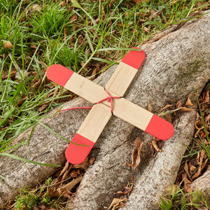 A Huckleberry Pocket Boomerang lies on a log, surrounded by grass and leaves, in an open outdoor space. The wind direction is just right for a perfect throw.