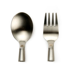 A Huckleberry Forest Cutlery fork and spoon, lying side by side on a clean white background.