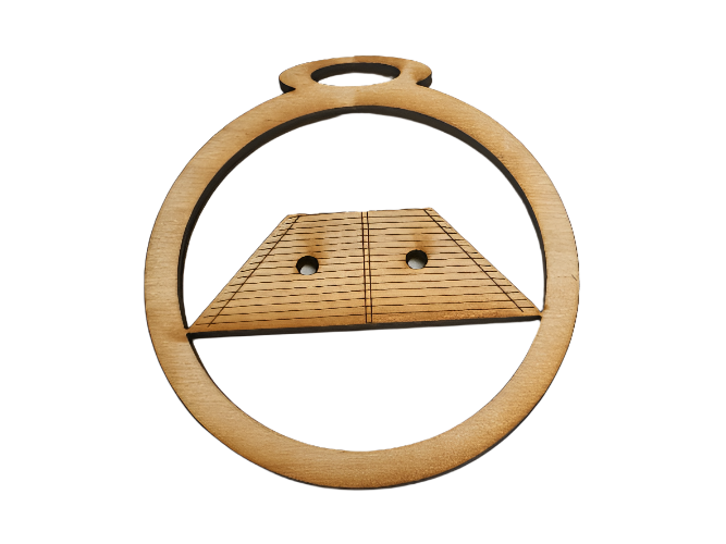 The Hammered Dulcimer Wooden Ornament features a flat trapezoidal shape with two holes and engraved lines, suspended inside a circular wooden frame.
