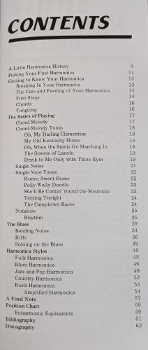 How to Play Pocket Harmonica: Table of contents includes sections on harmonica history, basics, key of C techniques, blues, styles, advanced methods, and a discography—all with page numbers.