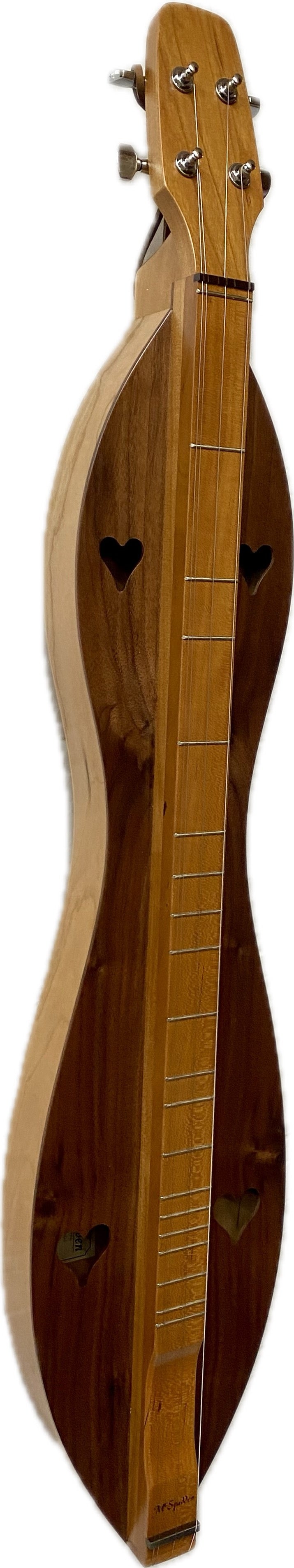 Experience the enchanting sound of a handcrafted instrument with this wooden stringed marvel. Featuring an hourglass shape, heart-shaped sound holes, and four strings, it elegantly resembles the 4 String, Flathead Dulcimer with Cherry back and Walnut sides and top (4FHCW). Enjoy peace of mind with its included lifetime warranty.