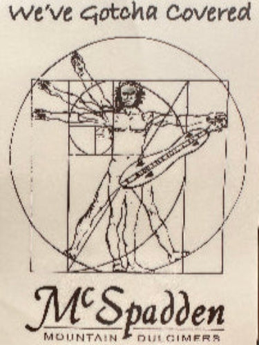 McSpadden Stickers feature Da Vinci's Vitruvian Man holding a dulcimer with "We've Gotcha Covered" and "McSpadden Mountain Dulcimers" below—ideal for customizing water bottles, laptops, and more.