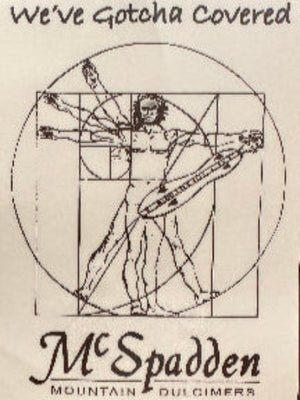 McSpadden Stickers feature Da Vinci's Vitruvian Man holding a dulcimer with "We've Gotcha Covered" and "McSpadden Mountain Dulcimers" below—ideal for customizing water bottles, laptops, and more.