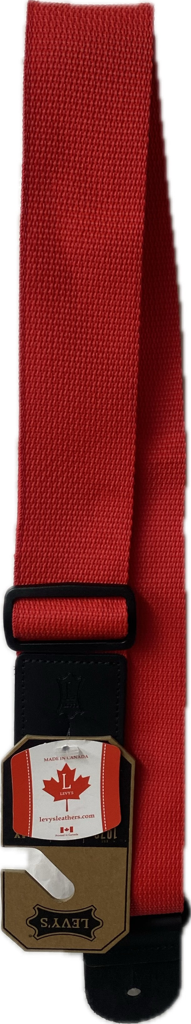 Nylon Strap - Red with notched ends and an adjustable black buckle, featuring a label adorned with a maple leaf design.