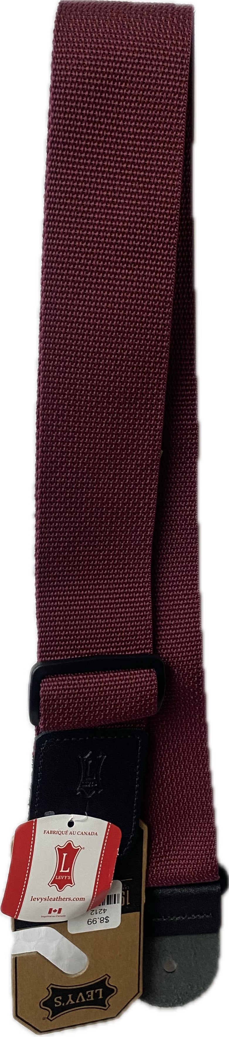 A product called "Nylon Strap - Burgundy" features a red woven fabric strap with notched black leather ends and an attached Levi's tag.