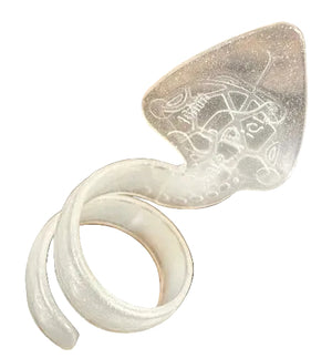 The SnakePick is a translucent spiral ring with an engraved, flat, shield-shaped top featuring intricate line designs, shown against a black background.