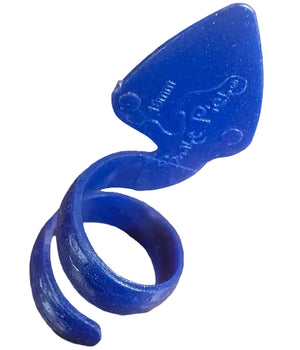 A SnakePick, a blue plastic ring shaped like a snake with a curled body and flat head, is displayed on a wooden surface.