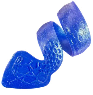 A blue, flexible SnakePick with a honeycomb pattern is coiled on a wooden surface.