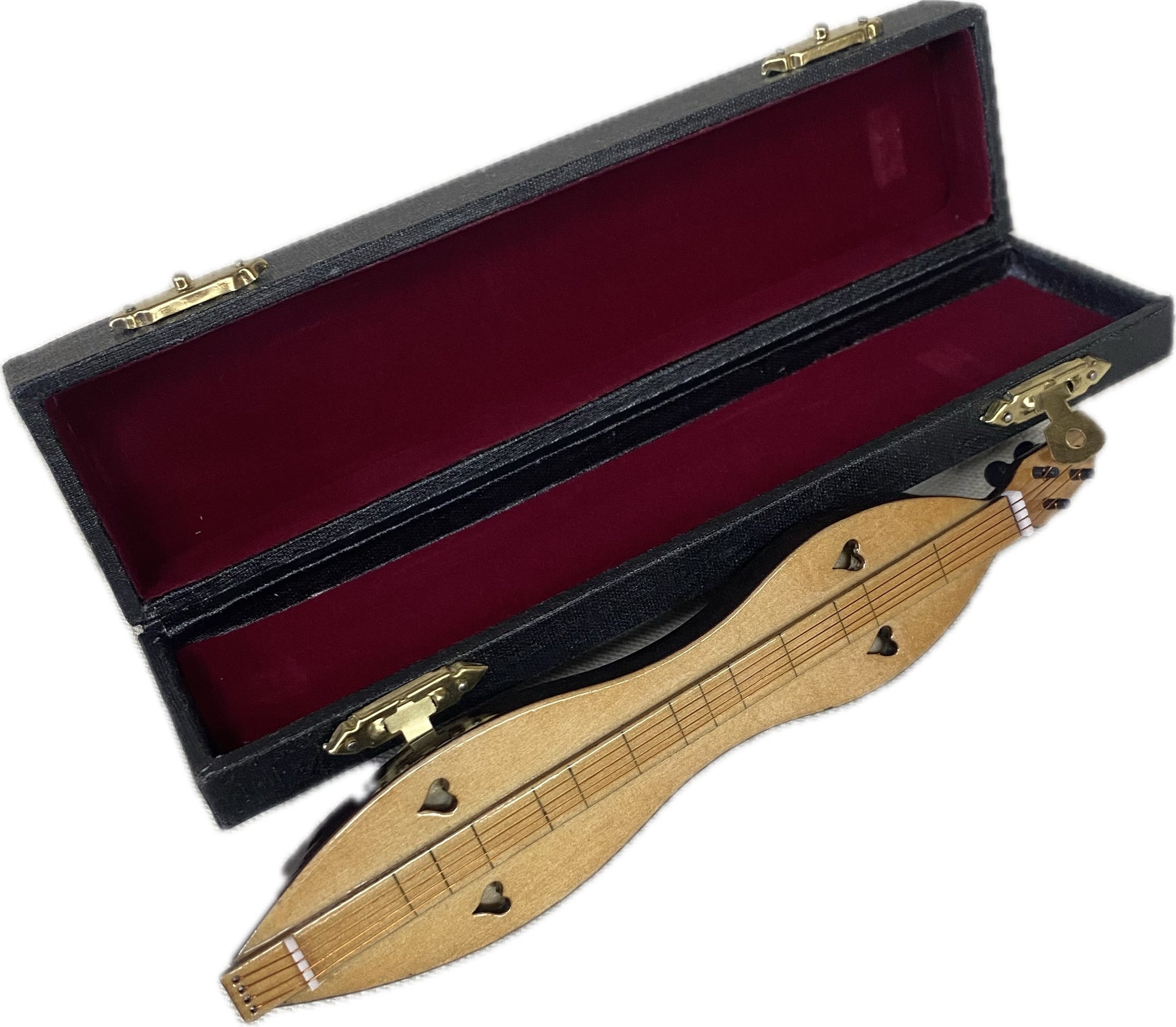 A 7" Dulcimer Miniature with Stand and Case stands gracefully in an open black case lined with plush red fabric, reminiscent of a cherished musical heirloom.