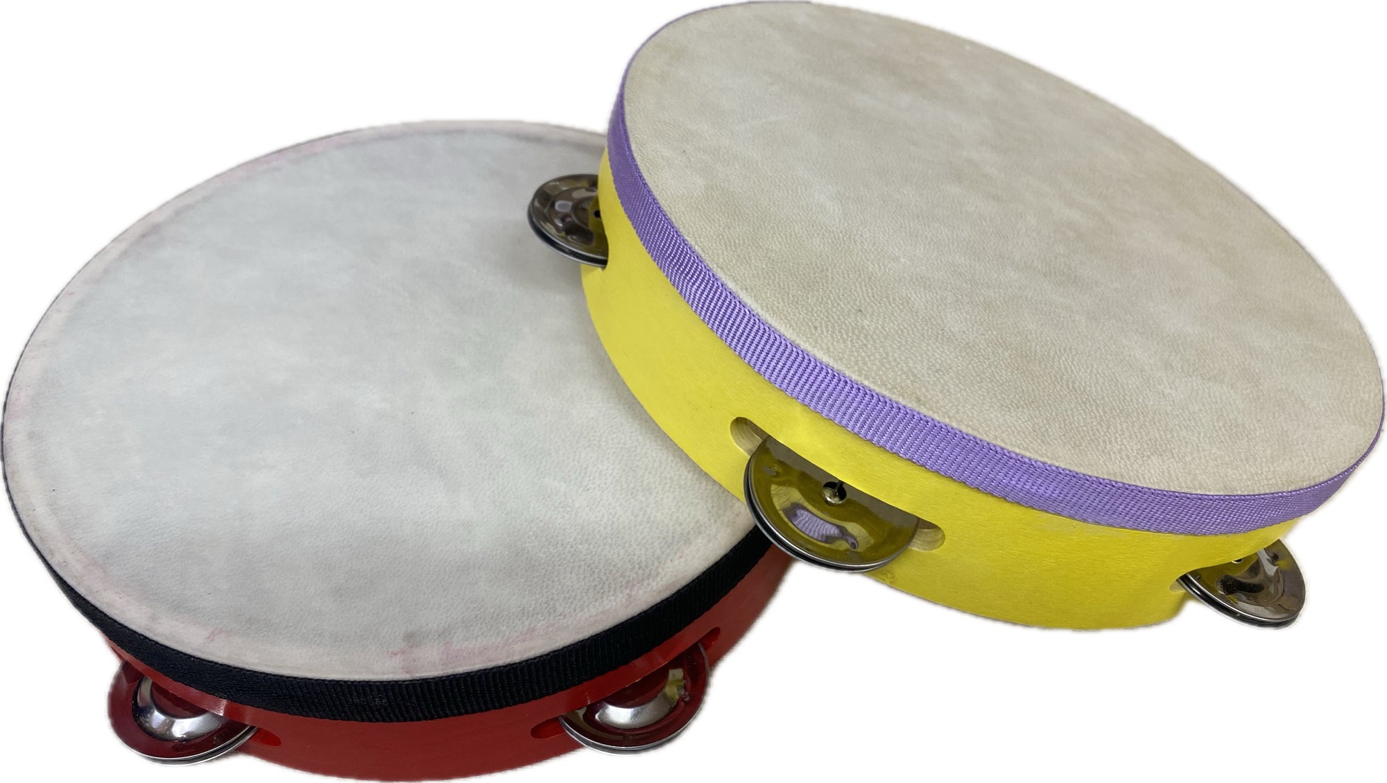 Two round Trophy Tambourines with Skin are placed against a white background. One, crafted from wood, has a red rim with black trim, while the other displays a yellow rim with purple trim. Each tambourine features real skin heads and jingles in four sets.