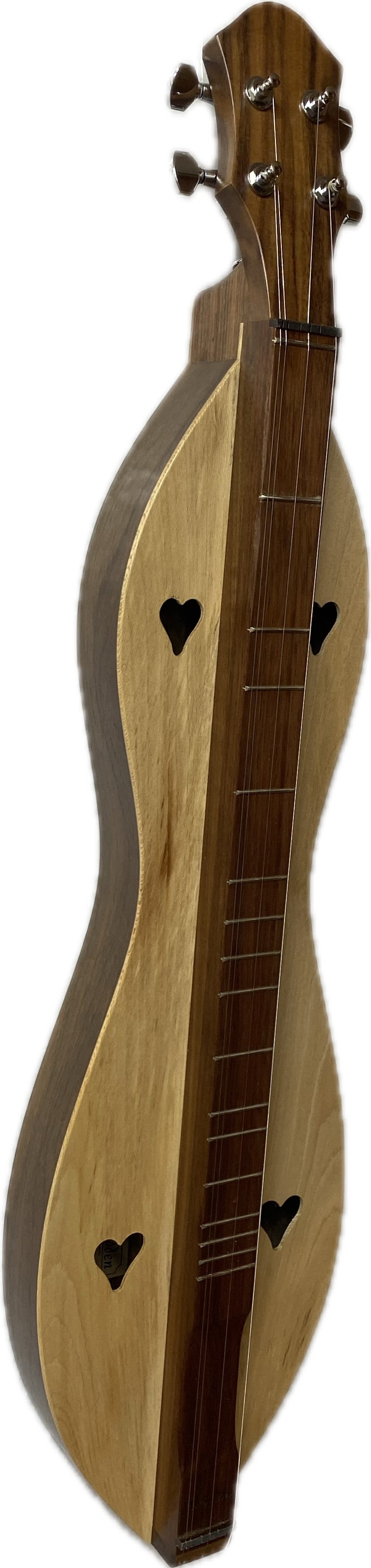 The 4 String Ginger Dulcimer, featuring a flathead hourglass design with heart-shaped sound holes, walnut back and sides, and a sycamore top, is elegantly showcased on a white background—a perfect choice for those interested in dulcimer setup.