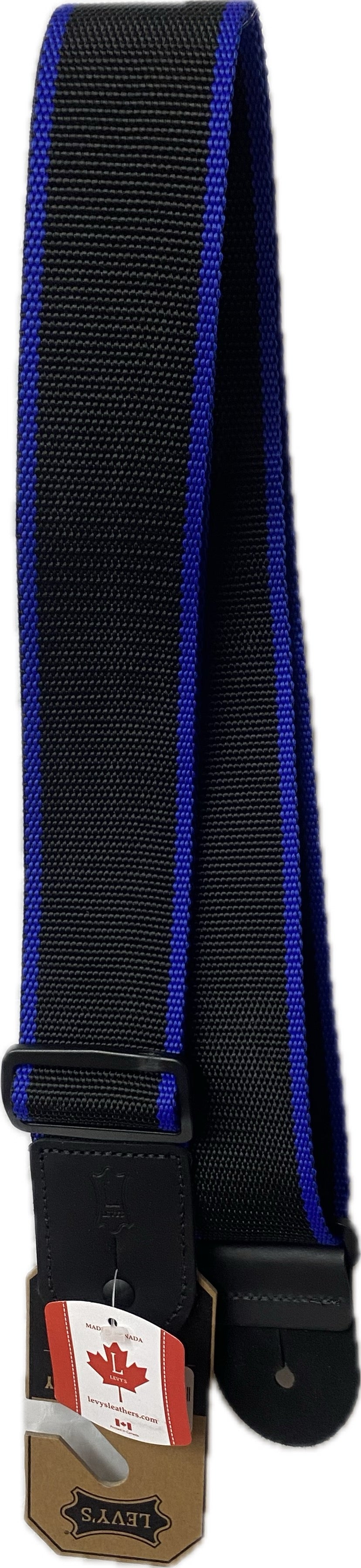 The Levi's Nylon Strap, black with a blue stripe and leather ends, hangs vertically, showcasing the logo tag.