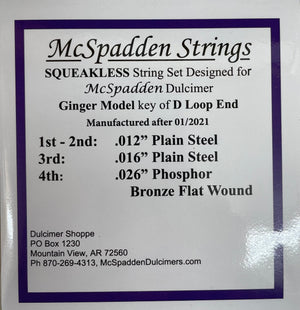 McSpadden Strings offers the Ginger Squeakless Key of D String Set LOOP End for the dulcimer. The set includes flat wound gauges: .012, .016 plain steel, and .026 phosphor bronze. Contact info available.