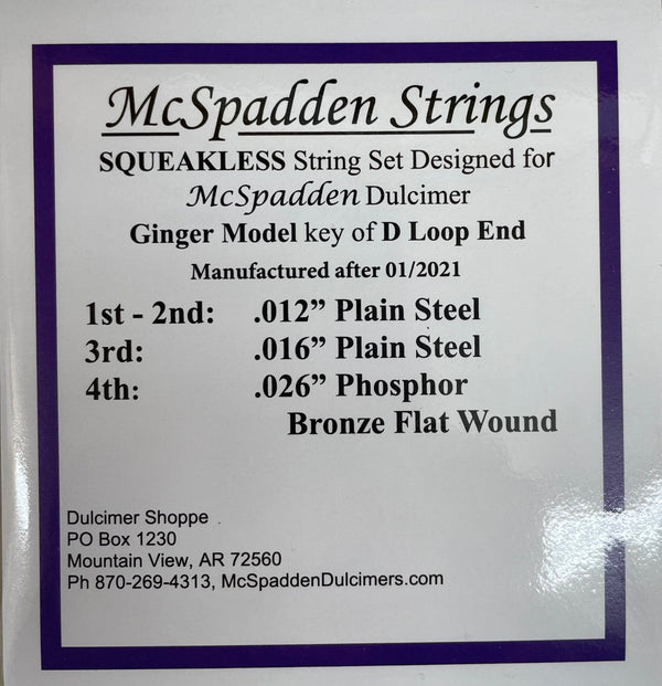 Dulcimer String Set Ginger Squeakless Key of D String Set LOOP End - The Dulcimer Shoppe