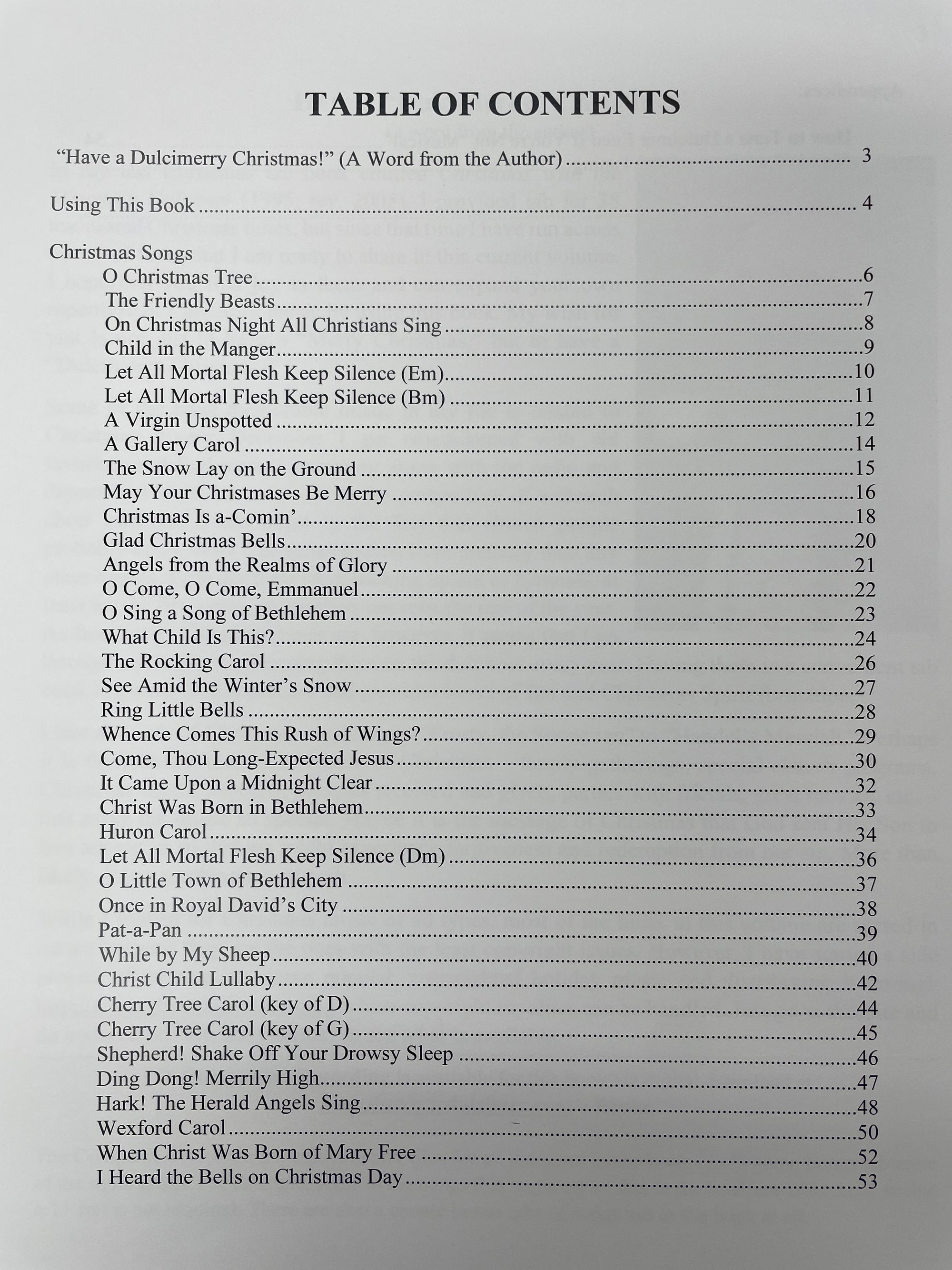 The table of contents of Christmas with the Mountain Dulcimer Vol 2 - by Joe Collins.
