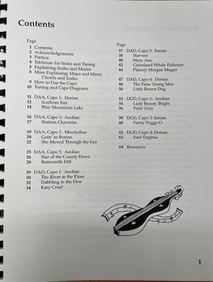 Page of The Capo Book #1 for Mountain Dulcimer by Dallas Cline showing contents with guitar scales sketched on the right side.