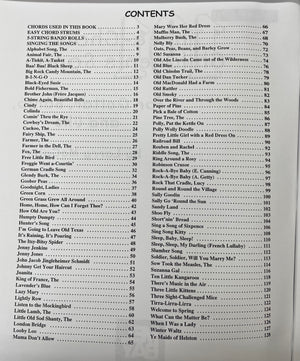 Table of contents from "101 Three-Chord Children's Songs for Guitar, Banjo, and Uke by Larry McCabe" displaying chapter titles, musical notation, and chord diagrams for children's songs along with their respective starting page numbers.