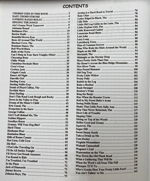 Table of contents from 101 Three-Chord Country & Bluegrass Songs for Guitar, Banjo, and Uke by Larry McCabe displaying a list of country and bluegrass songs with chords and diagrams, alongside their corresponding page numbers.