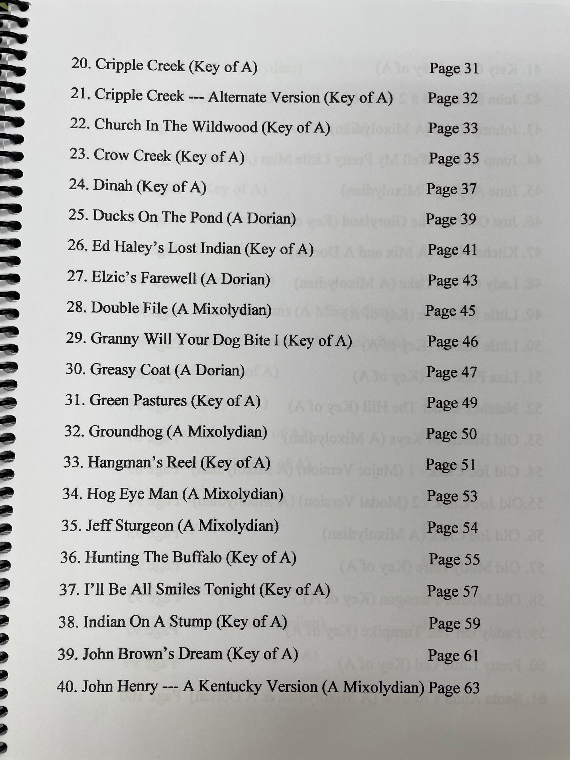 A photo of a handwritten list of old-time tunes, tabbed for dulcimer with their respective key signatures and corresponding page numbers on lined paper using the DAD Capo 4 by Tom Arnold.