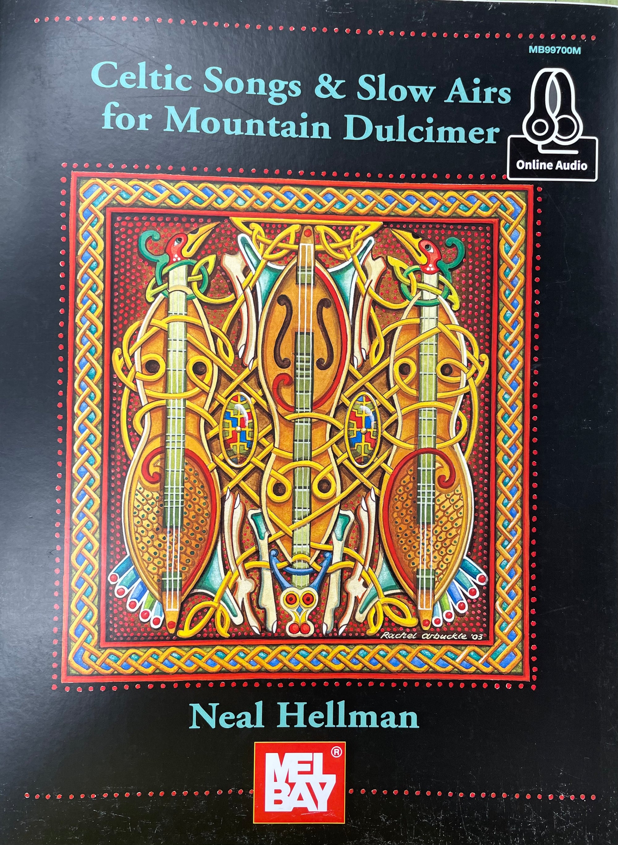 A book cover titled "Celtic Songs & Slow Airs for Mountain Dulcimer by Neal Hellman" with intricate artwork and an announcement of included online audio, specially designed for the
