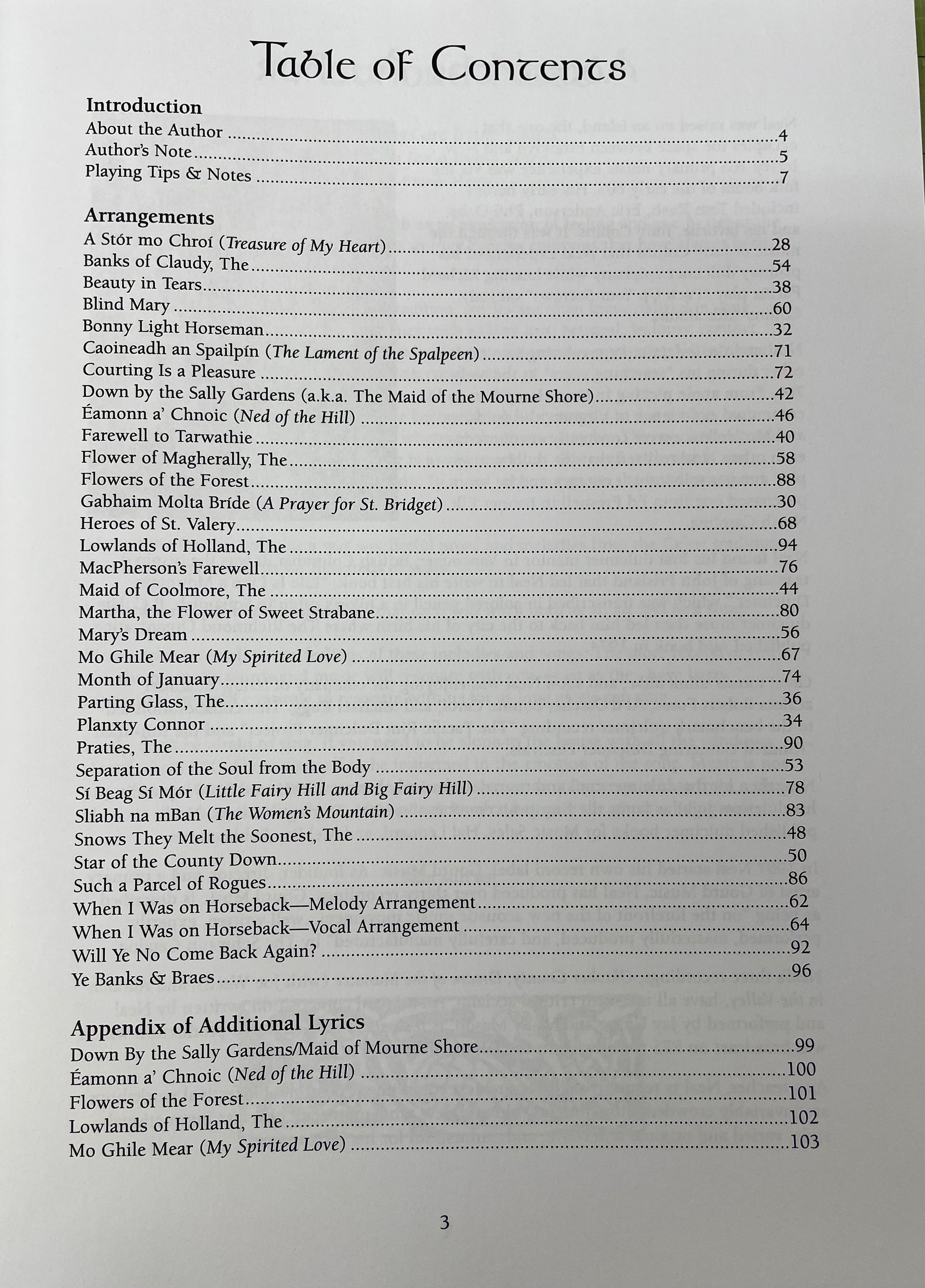 A photograph of the table of contents from "Celtic Songs & Slow Airs for Mountain Dulcimer by Neal Hellman," listing the introductory sections and Celtic songs alongside their corresponding page numbers.