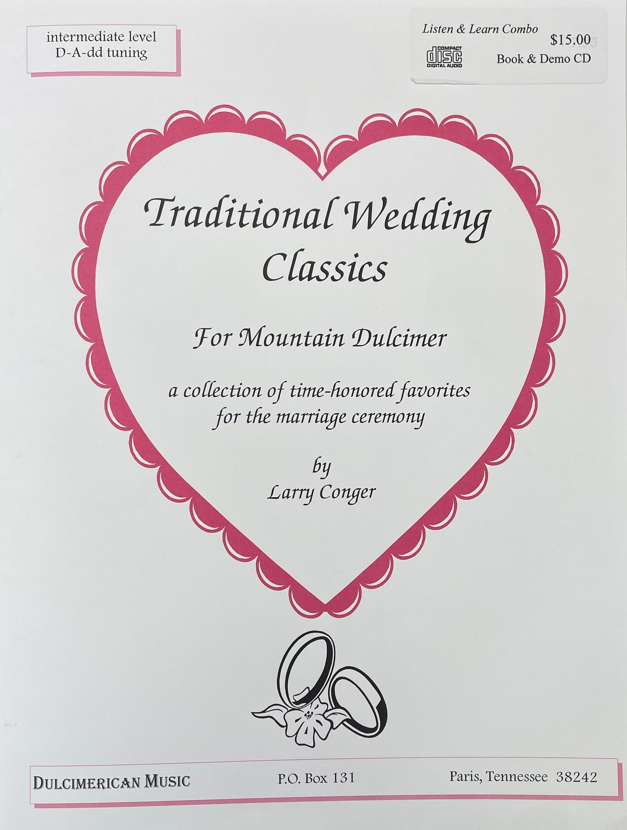 Promotional material for "Traditional Wedding Classics for Mountain Dulcimer," a music collection by Larry Conger, with a heart border and wedding rings illustration.