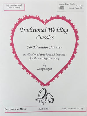 Promotional material for "Traditional Wedding Classics for Mountain Dulcimer," a music collection by Larry Conger, with a heart border and wedding rings illustration.