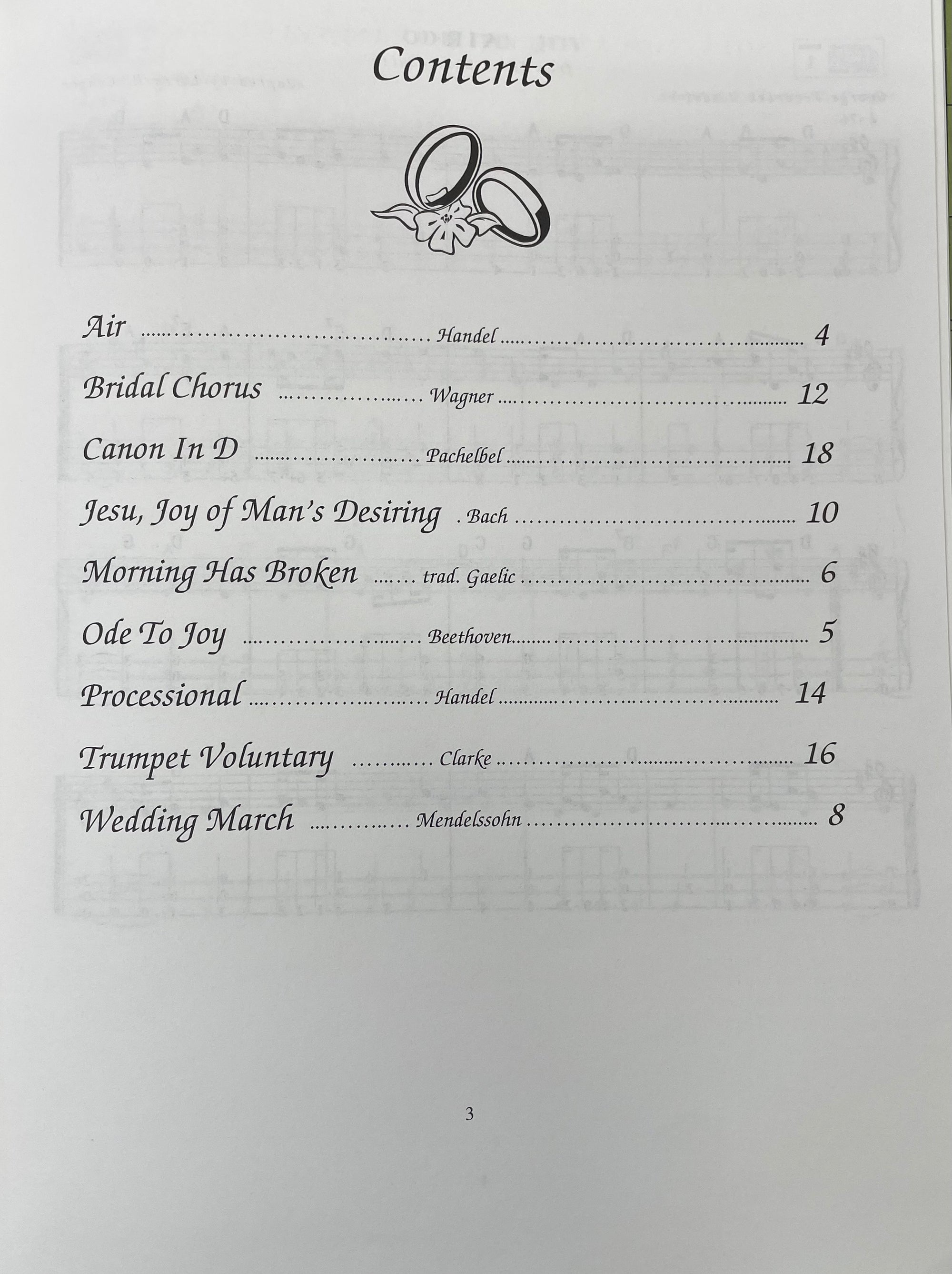 Table of contents from Traditional Wedding Classics for Mountain Dulcimer by Larry Conger listing advanced arrangements for wedding ceremonies, including works by Handel, Wagner, Bach, and other composers, with accompanying page numbers.