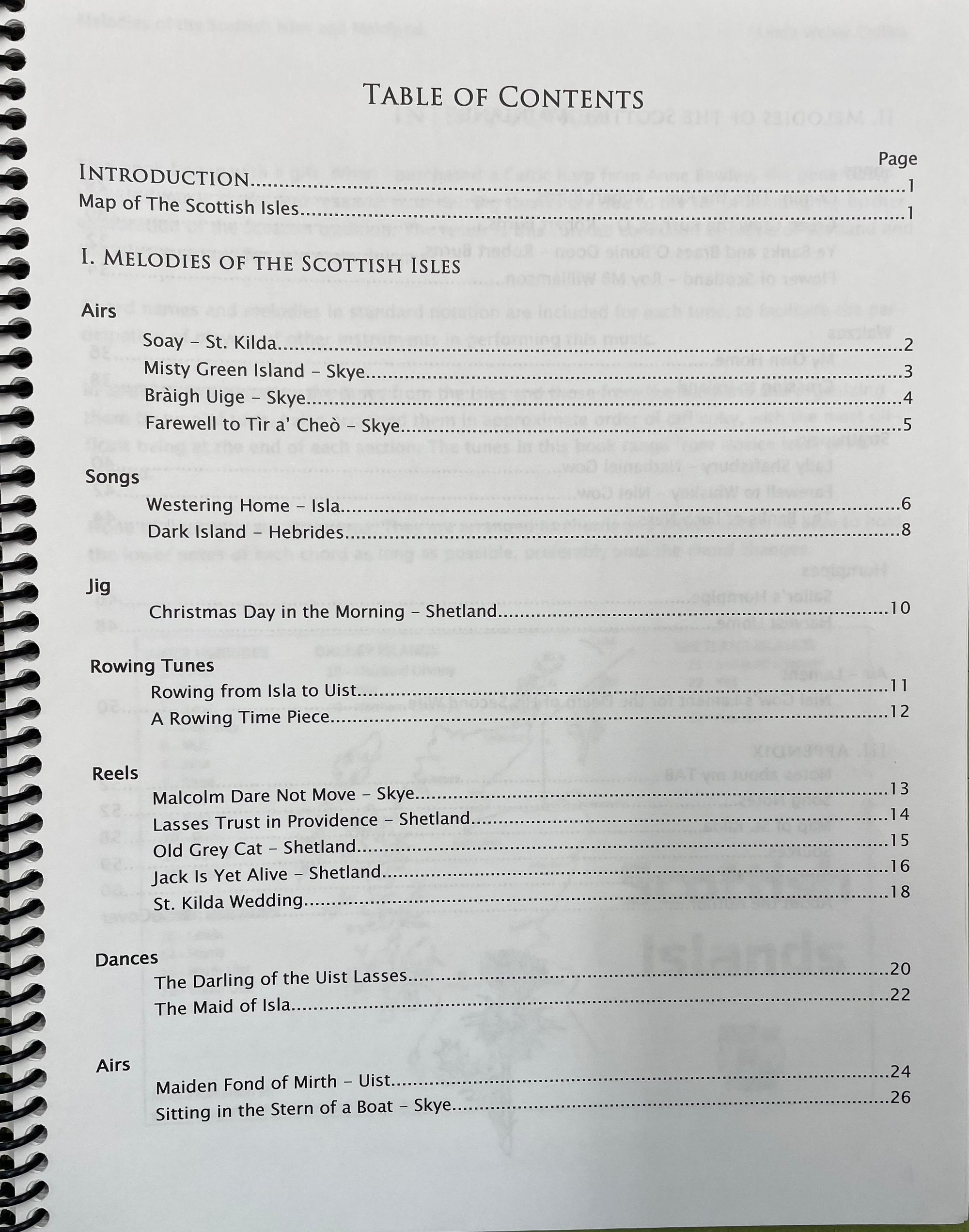 Table of contents for Melodies of the Scottish Isles and Mainland by Linda Weber Collins for the mountain dulcimer, including arrangements in DAD tuning, with page numbers.