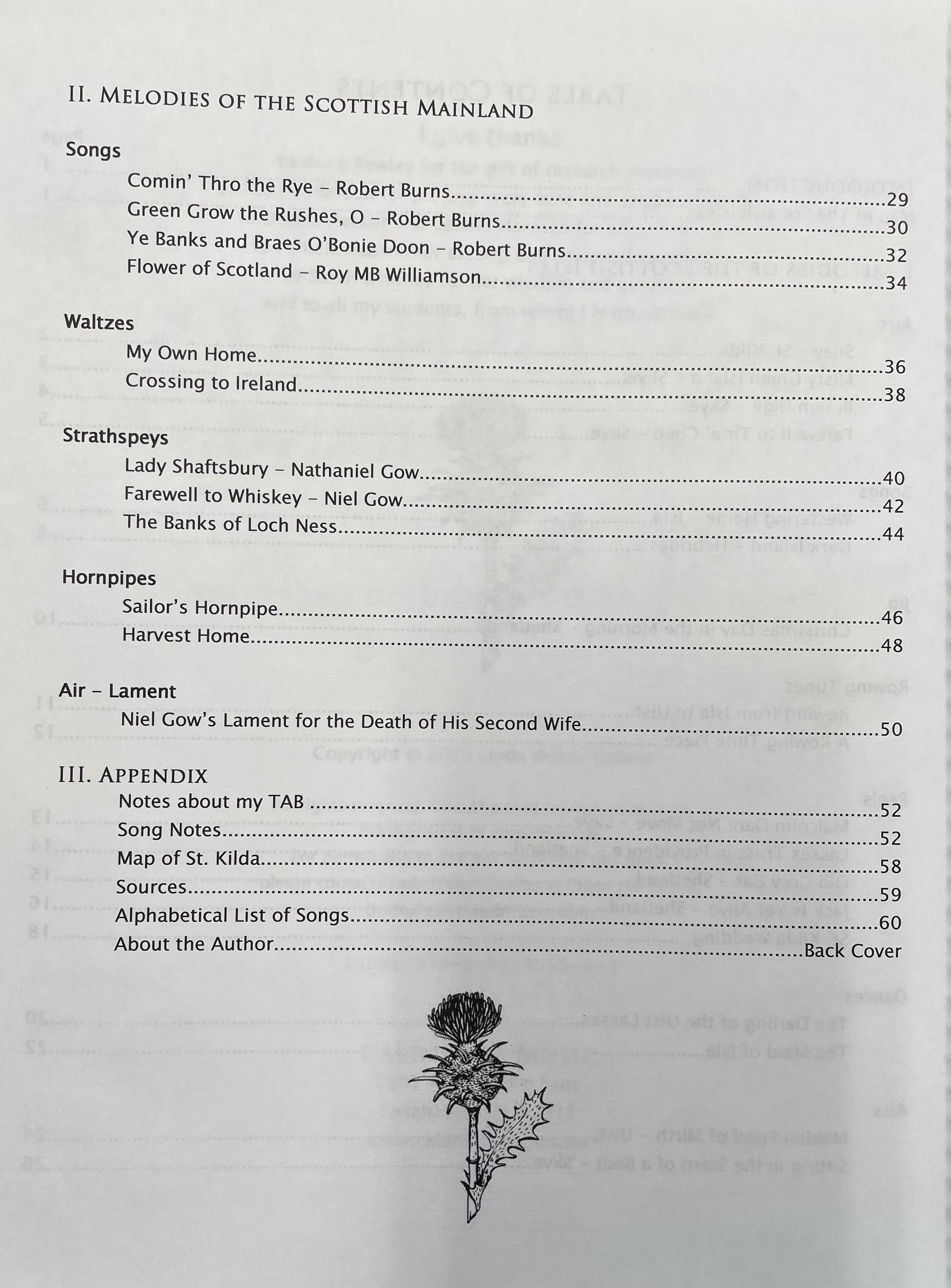 Table of contents from "Melodies of the Scottish Isles and Mainland by Linda Weber Collins," featuring sections on melodies, airs, and laments for the mountain dulcimer, with a thistle illustration at the bottom.