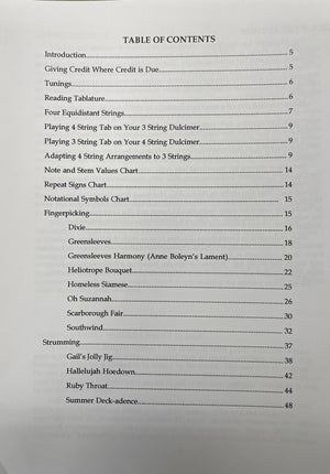 Table of contents for the Heliotrope Bouquet Tune Book by Sue Carpenter, featuring topics related to music such as introductions, tunings for four equidistant strings, fingerpicking techniques on the mountain dulcimer, and song arrangements with corresponding page numbers.