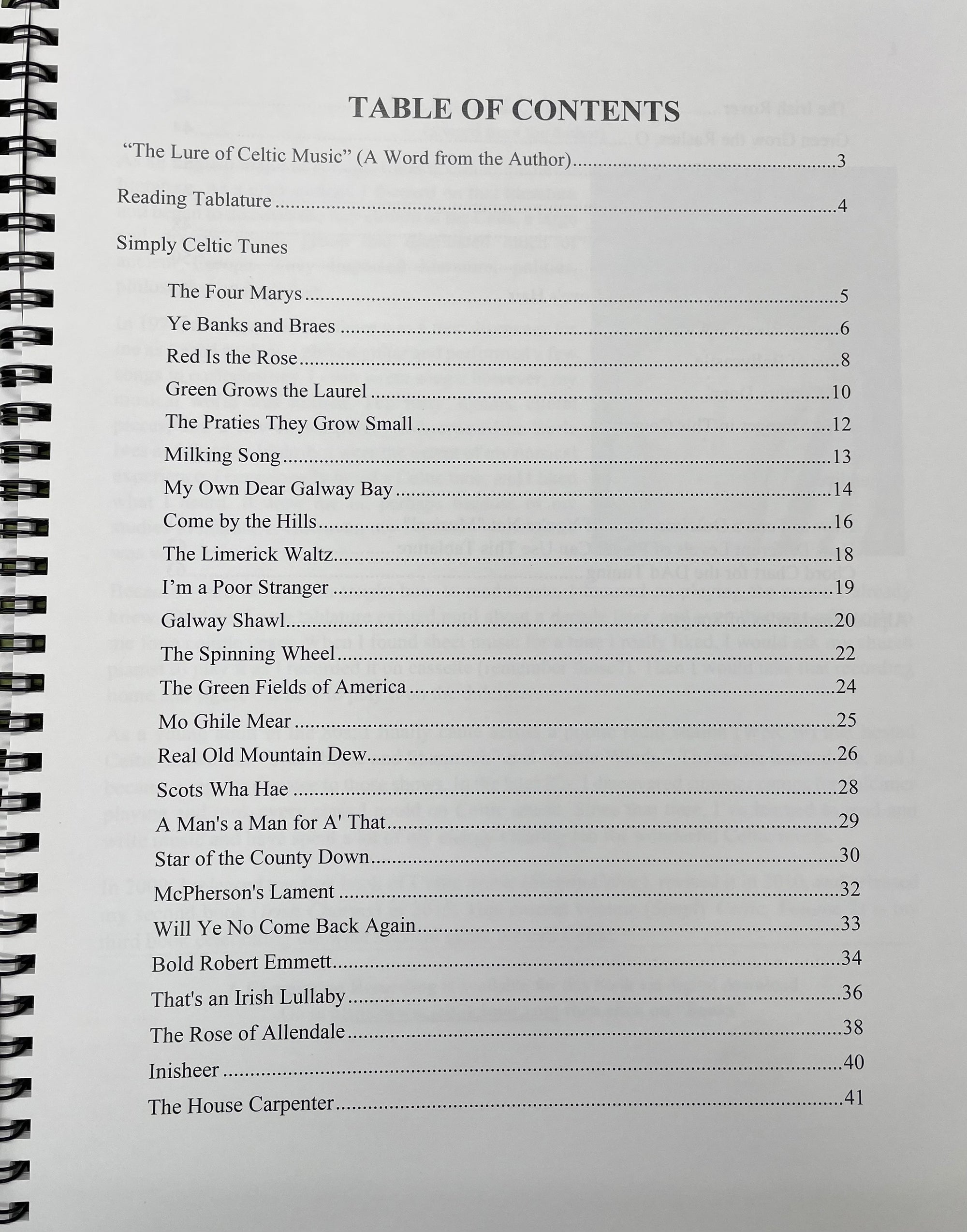 The table of contents from "Simply Celtic Volume 2" by Joe Collins includes sections such as an author's note from Joe Collins, reading tablature for the mountain dulcimer, and various Celtic tunes including "Ye Banks and Braes," "Red is the Rose," and "Galway Bay.