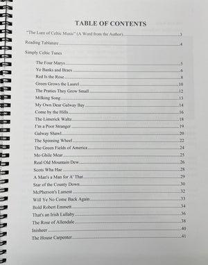 The table of contents from "Simply Celtic Volume 2" by Joe Collins includes sections such as an author's note from Joe Collins, reading tablature for the mountain dulcimer, and various Celtic tunes including "Ye Banks and Braes," "Red is the Rose," and "Galway Bay.