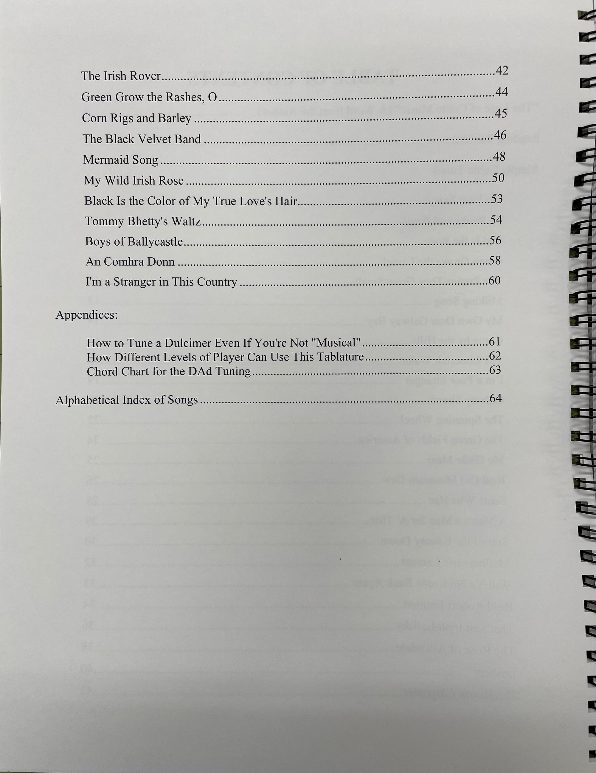 The table of contents from "Simply Celtic Volume 2" by Joe Collins, a spiral-bound book, features song titles and appendices with page numbers, including beloved Celtic tunes for the mountain dulcimer.