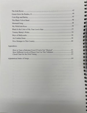 The table of contents from "Simply Celtic Volume 2" by Joe Collins, a spiral-bound book, features song titles and appendices with page numbers, including beloved Celtic tunes for the mountain dulcimer.