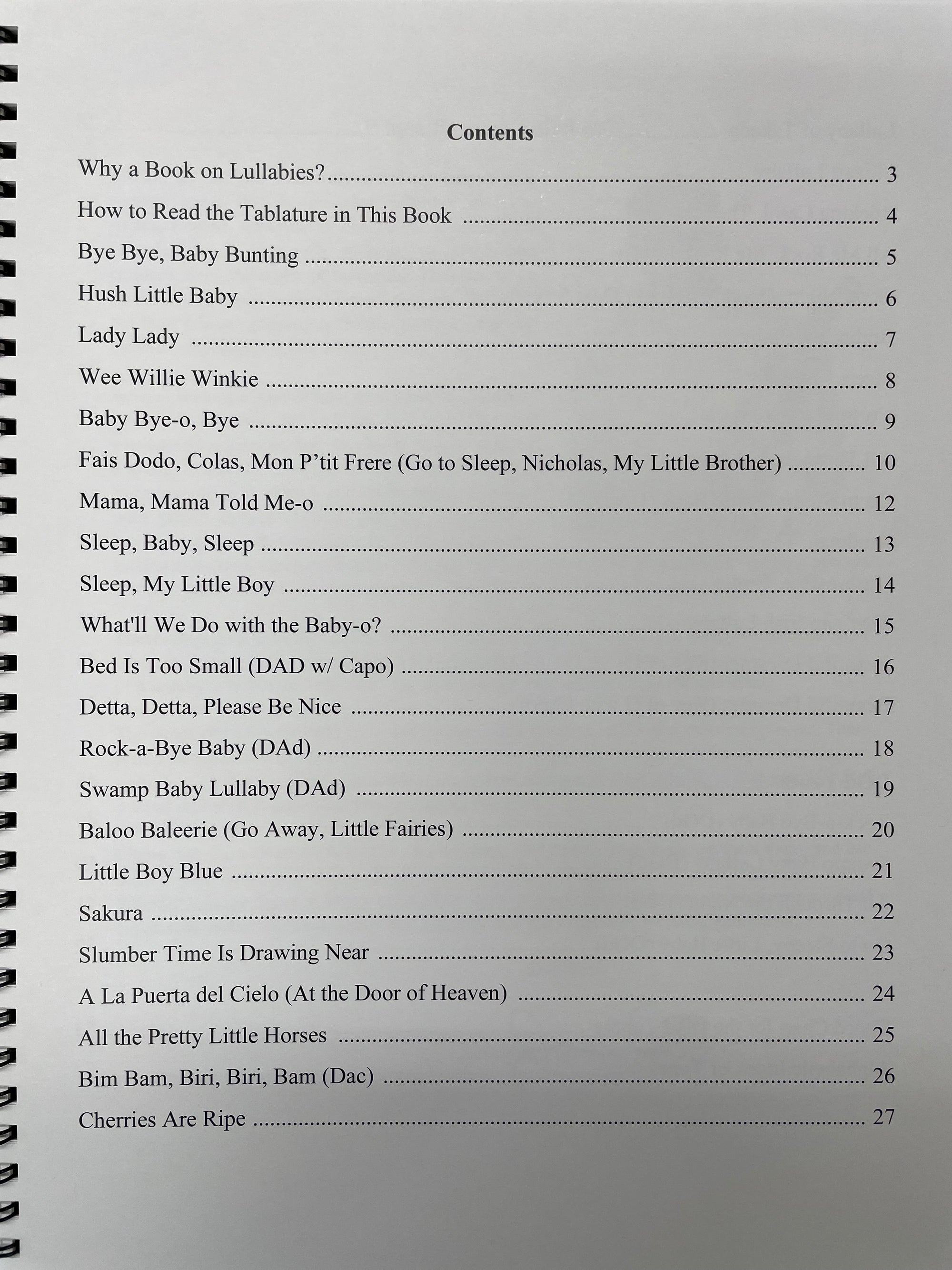 Table of contents from "Lullabies for the Mountain Dulcimer" by Joe Collins, featuring relaxing tracks such as "Bye Bye, Baby Bunting," "Hush Little Baby," and "Sleep, Baby, Sleep." Each simple tune is listed with corresponding page numbers for easy navigation. Enjoy the serene melodies on CD as well.