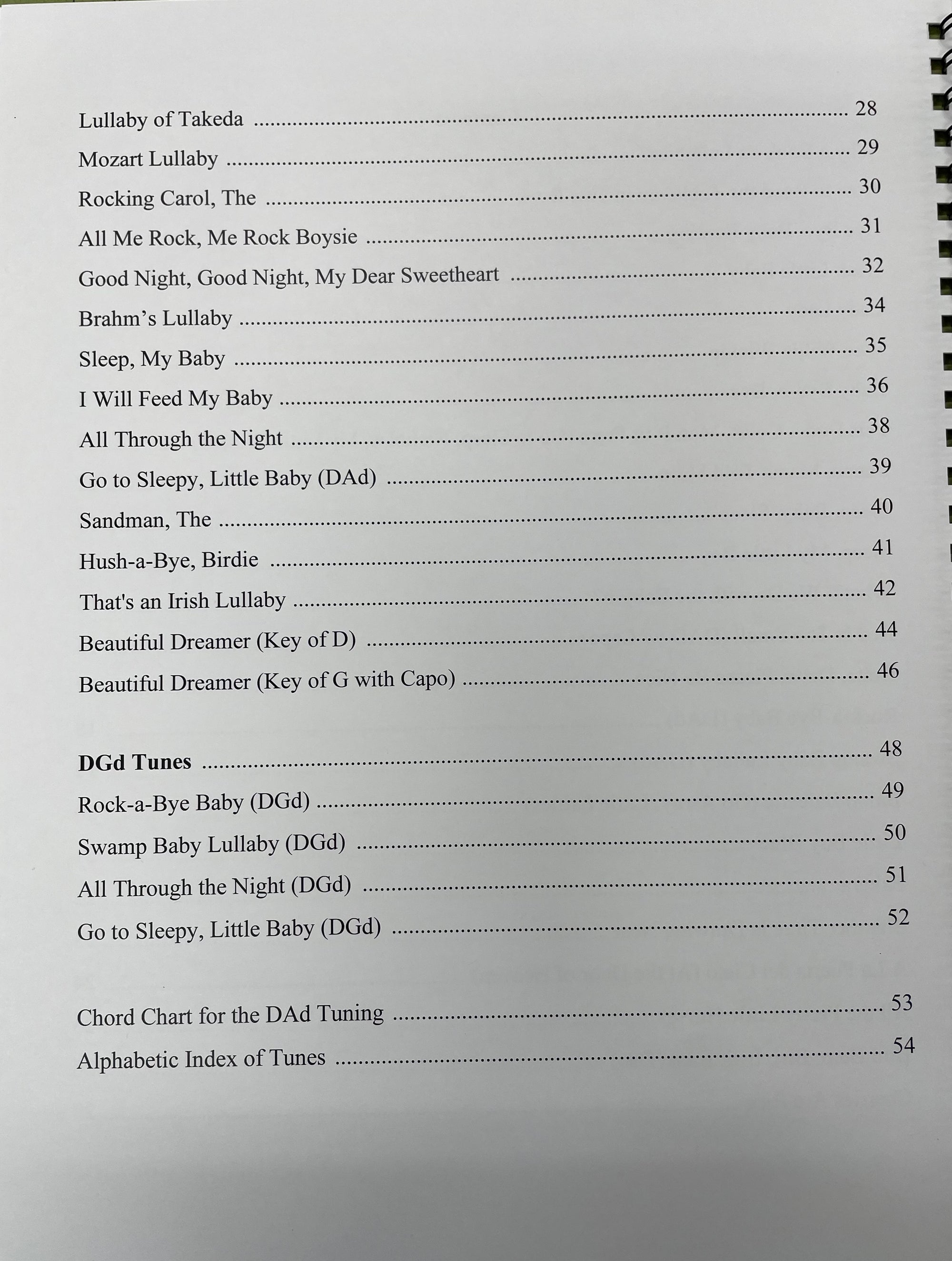 Table of contents from "Lullabies for the Mountain Dulcimer" by Joe Collins, listing lullabies and other simple tunes with page numbers. Titles include "Lullaby of Takeda," "Mozart Lullaby," and "Beautiful Dreamer" among others to help you relax. CD included.