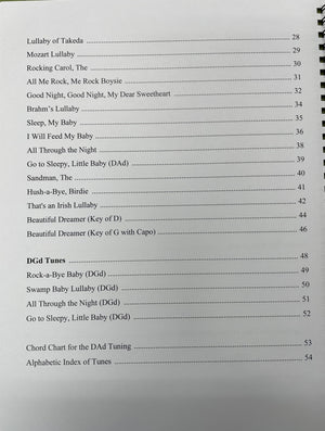 Table of contents from "Lullabies for the Mountain Dulcimer" by Joe Collins, listing lullabies and other simple tunes with page numbers. Titles include "Lullaby of Takeda," "Mozart Lullaby," and "Beautiful Dreamer" among others to help you relax. CD included.