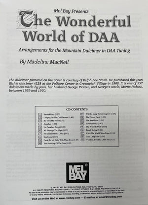 Text-based image featuring a CD table of contents labeled "The Wonderful World of DAA by Madeline MacNeil" with disclaimer and contact information at the bottom.
