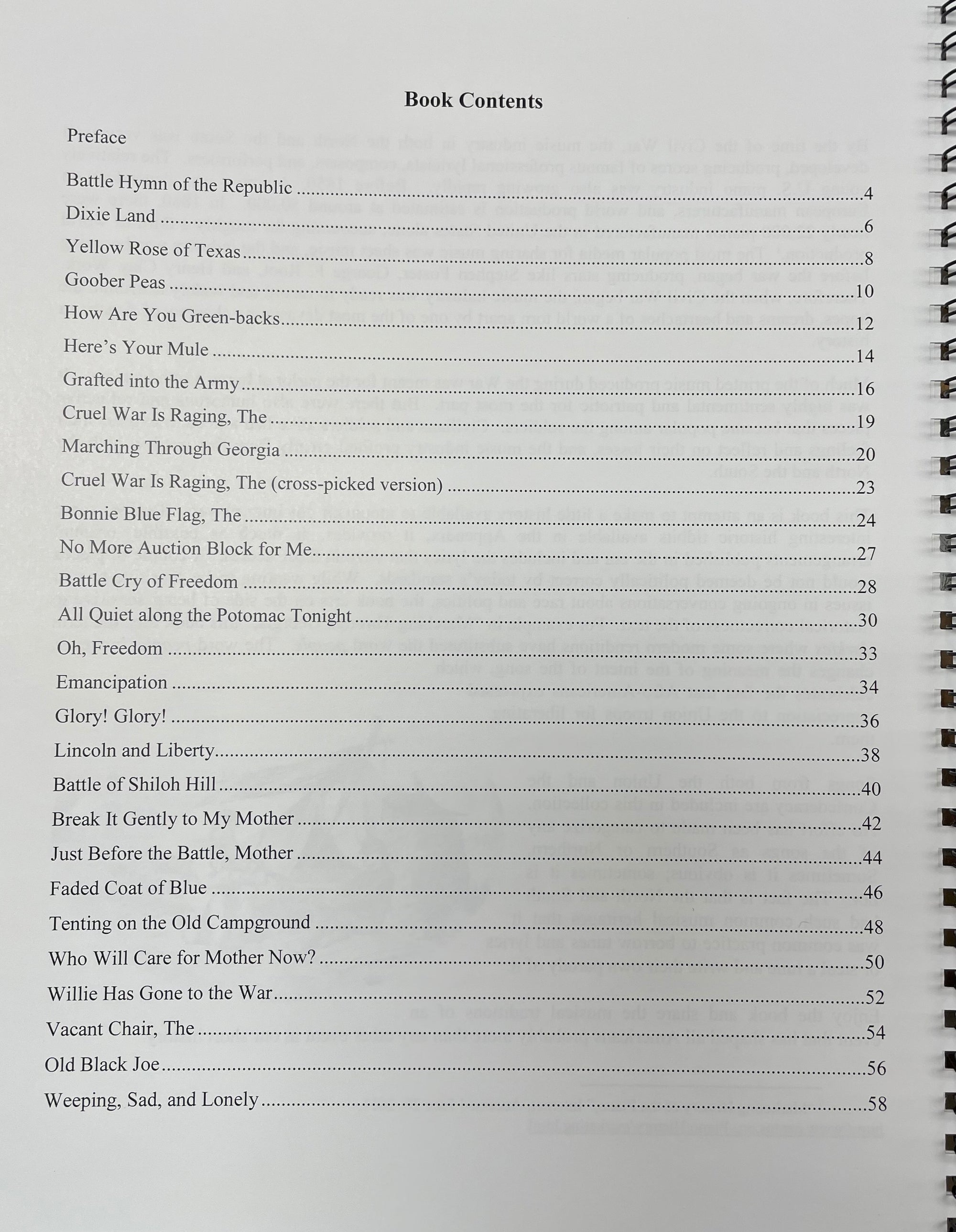 The contents page of the spiral-bound book, "Civil War Songs for the Mountain Dulcimer" by Joe Collins, lists Civil War era songs and their corresponding page numbers, featuring titles such as "Battle Hymn of the Republic," "Dixie Land," and "Weeping, Sad, and Lonely," all ideal for mountain dulcimer arrangements in DAD tuning.