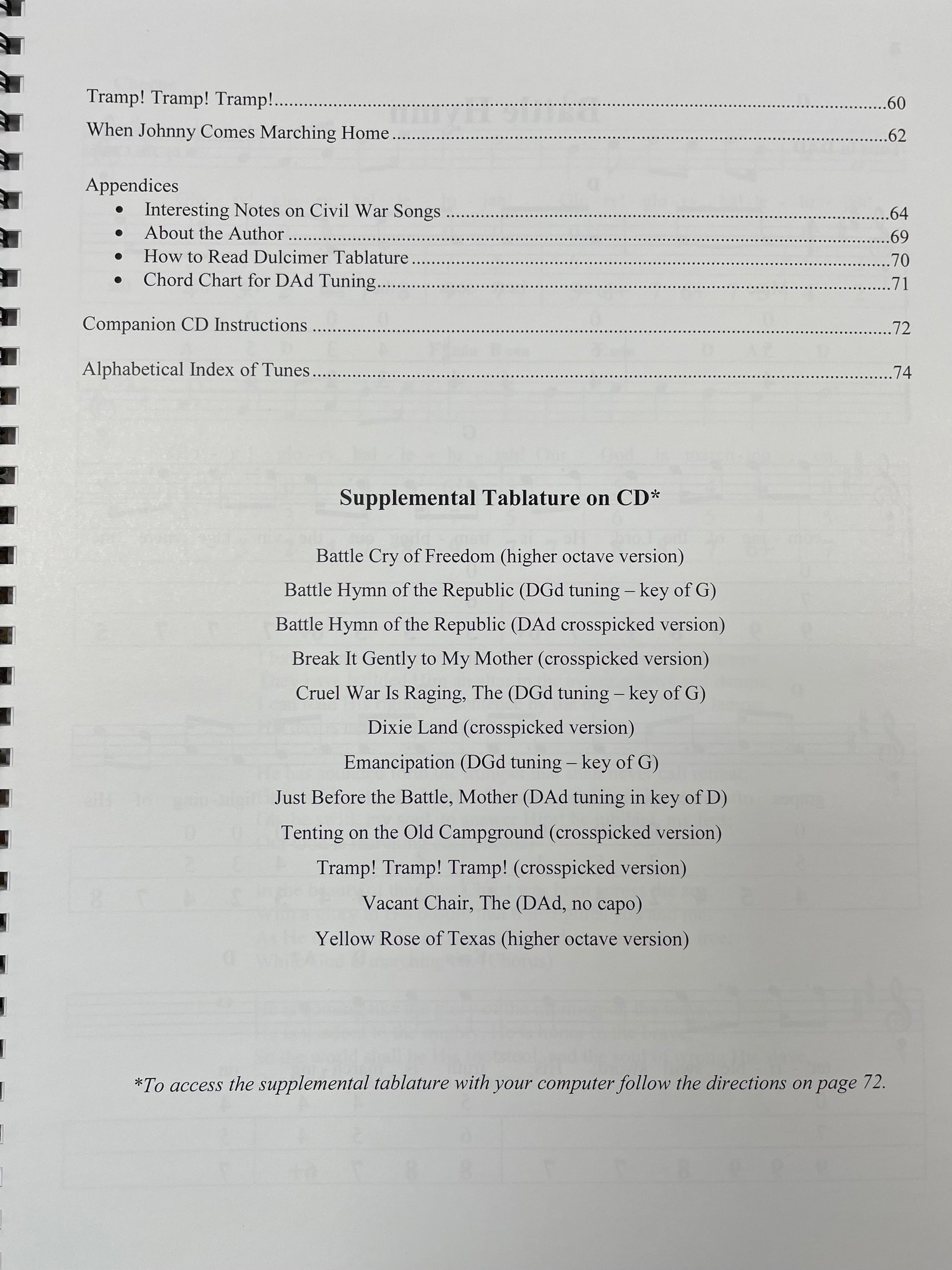 Table of contents for "Civil War Songs for the Mountain Dulcimer" by Joe Collins, featuring traditional Civil War-era songs and supplement CD references, including titles such as "Battle Cry of Freedom" and "Dixie Land," arranged for mountain dulcimer in DAD tuning. Instructions start on page 72.