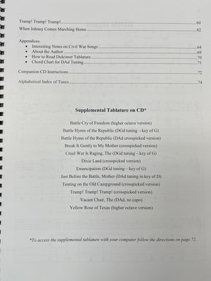 Table of contents for "Civil War Songs for the Mountain Dulcimer" by Joe Collins, featuring traditional Civil War-era songs and supplement CD references, including titles such as "Battle Cry of Freedom" and "Dixie Land," arranged for mountain dulcimer in DAD tuning. Instructions start on page 72.