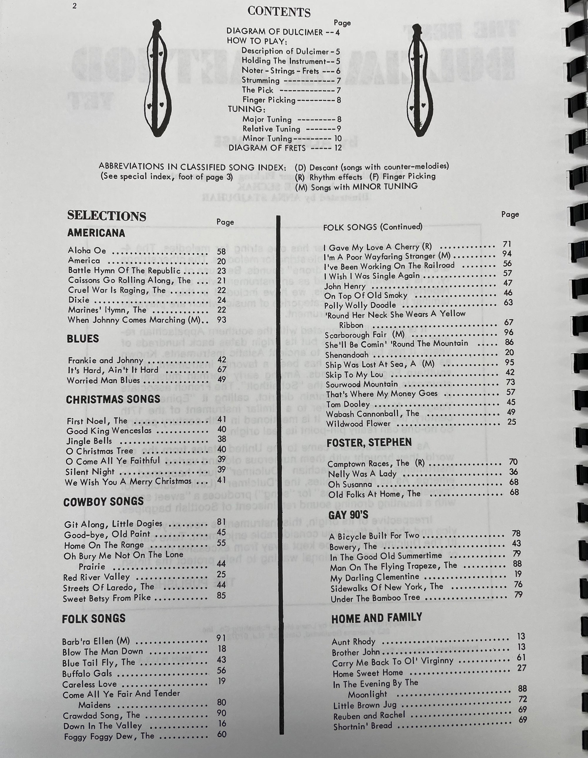 Table of contents from Best Dulcimer Method Yet by Albert Gamse showing titles and page numbers, divided into sections such as "songs with guitar chords in D-A-D tuning" and "foster songs.