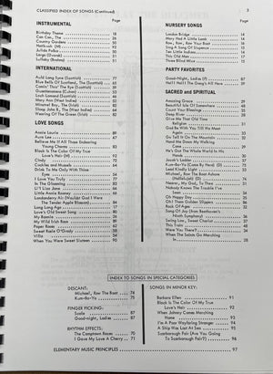 Page from the Best Dulcimer Method Yet by Albert Gamse showing an alphabetical index of song titles with corresponding page numbers, categorized by type such as Americana, love songs, and nursery rhymes.