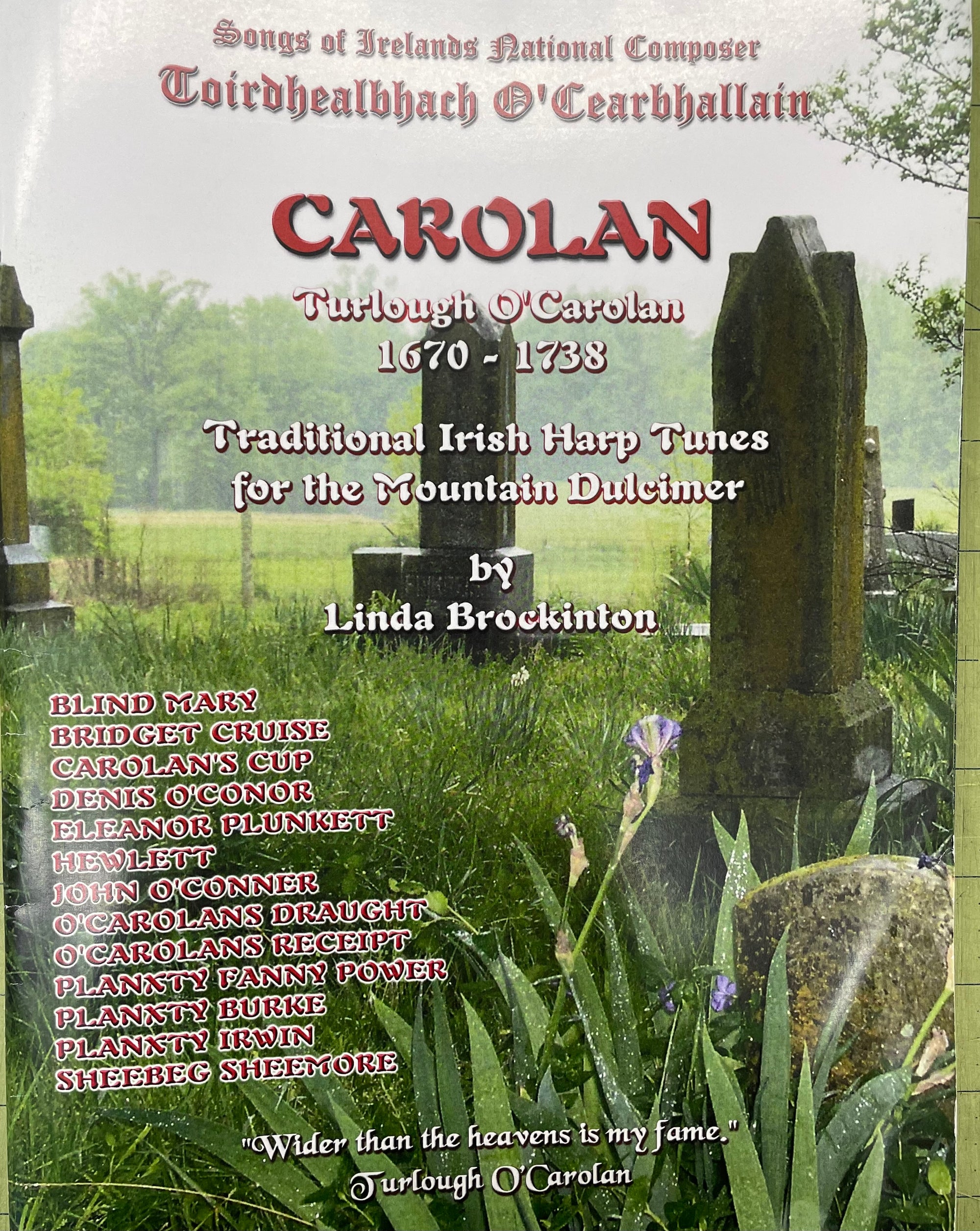 Image of an instruction book cover titled "Carolan - Traditional Irish Harp Tunes for the Mountain Dulcimer" by Linda Brockinton, featuring a graveyard with Celtic crosses and a blurred green background. Text lists traditional Irish harp tunes by Turl