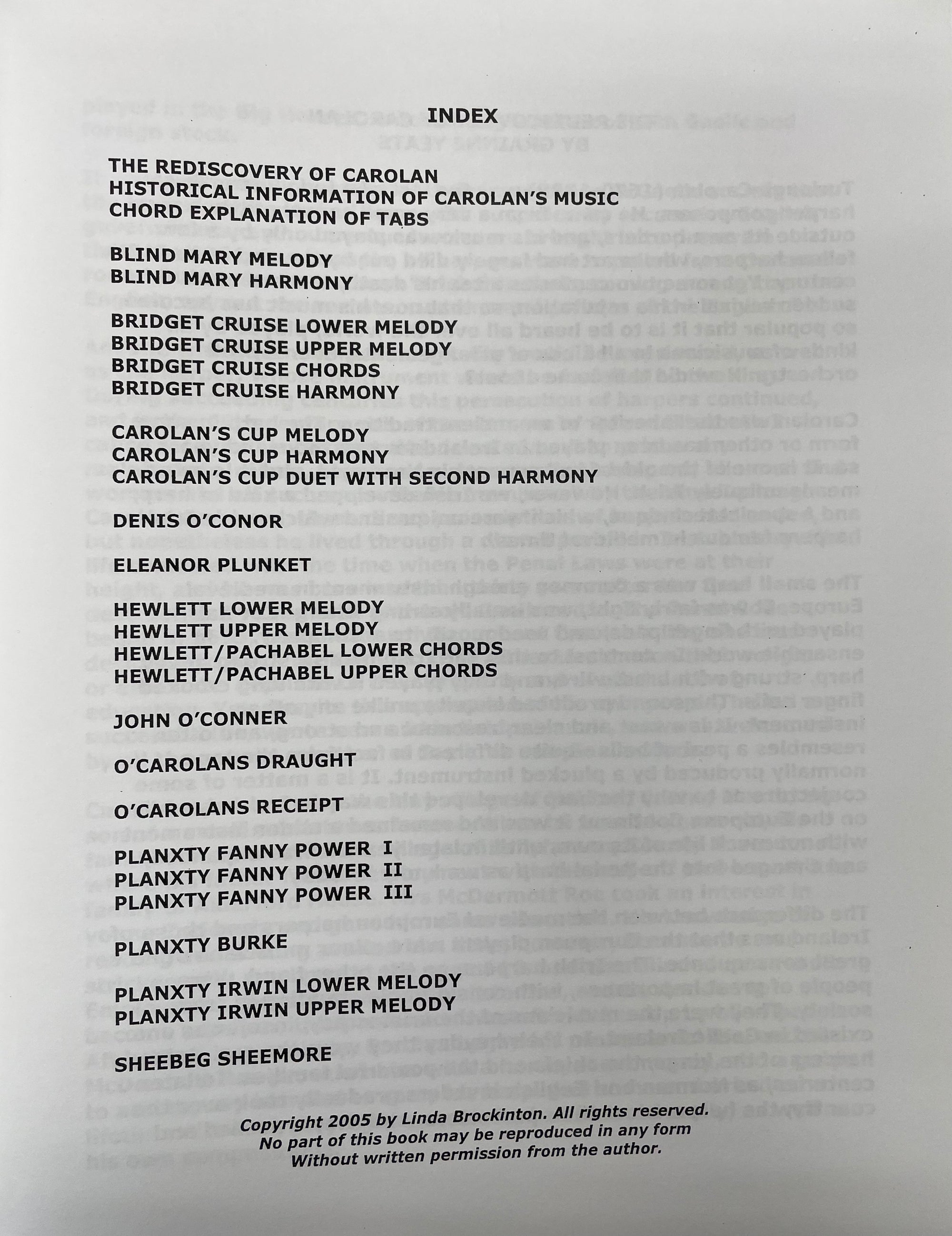 Image of a printed index page listing various musical compositions like "the rediscovery of Carolan's music" and "Blind Mary melody," among other titles in Carolan - Traditional Irish Harp Tunes for the Mountain Dulcimer by Linda Brockinton.